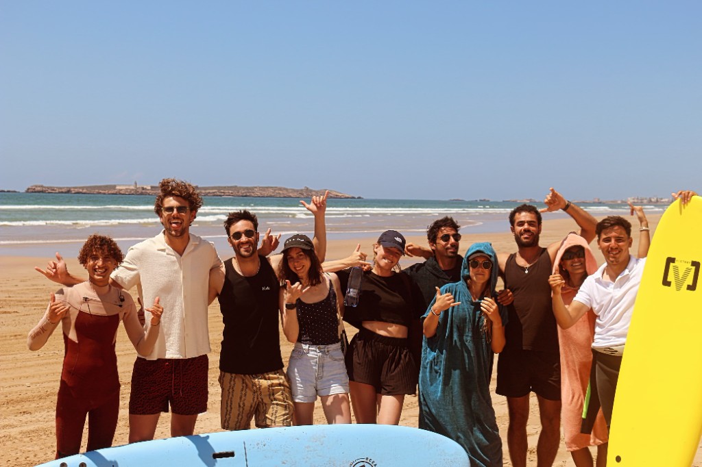 Group of surfers on Essaouira beach after a Morocco surf trip with Essaouira Surf School