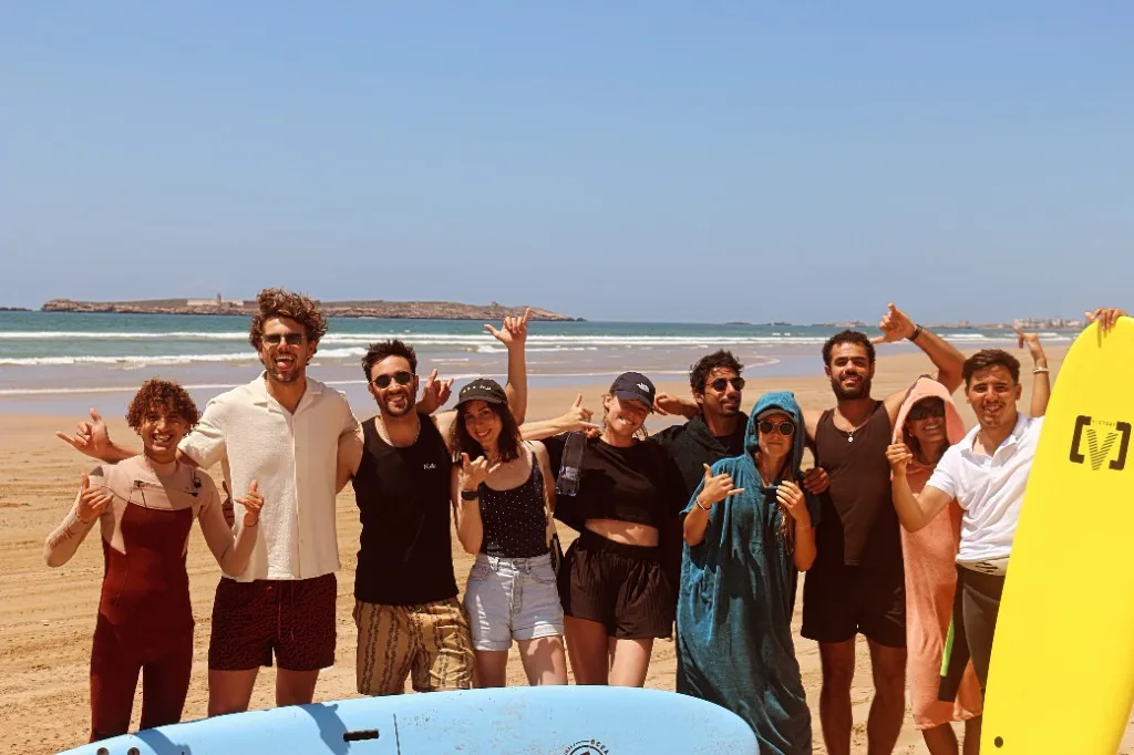 Group of surfers on Essaouira beach after a Morocco surf trip with Essaouira Surf School