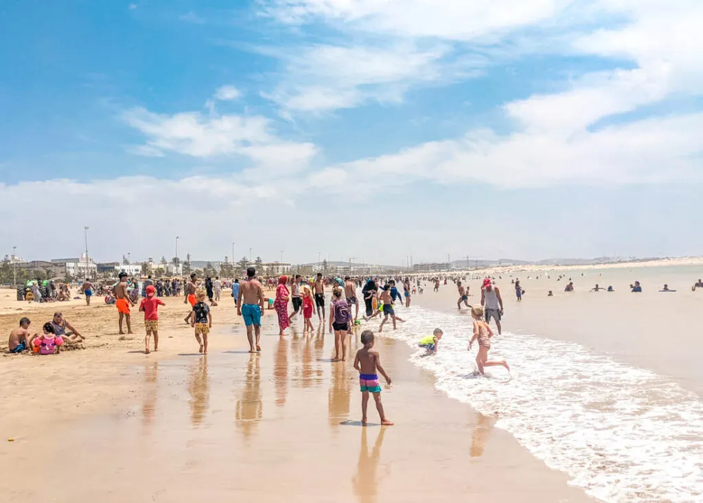What to wear first surf lesson Essaouira — busy summer beach with swimmers and surfers on the bay