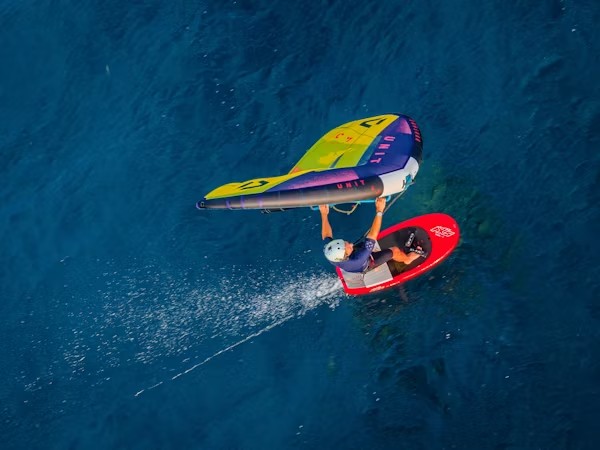 Aerial view of independent wing foiler on Essaouira water during a rental session